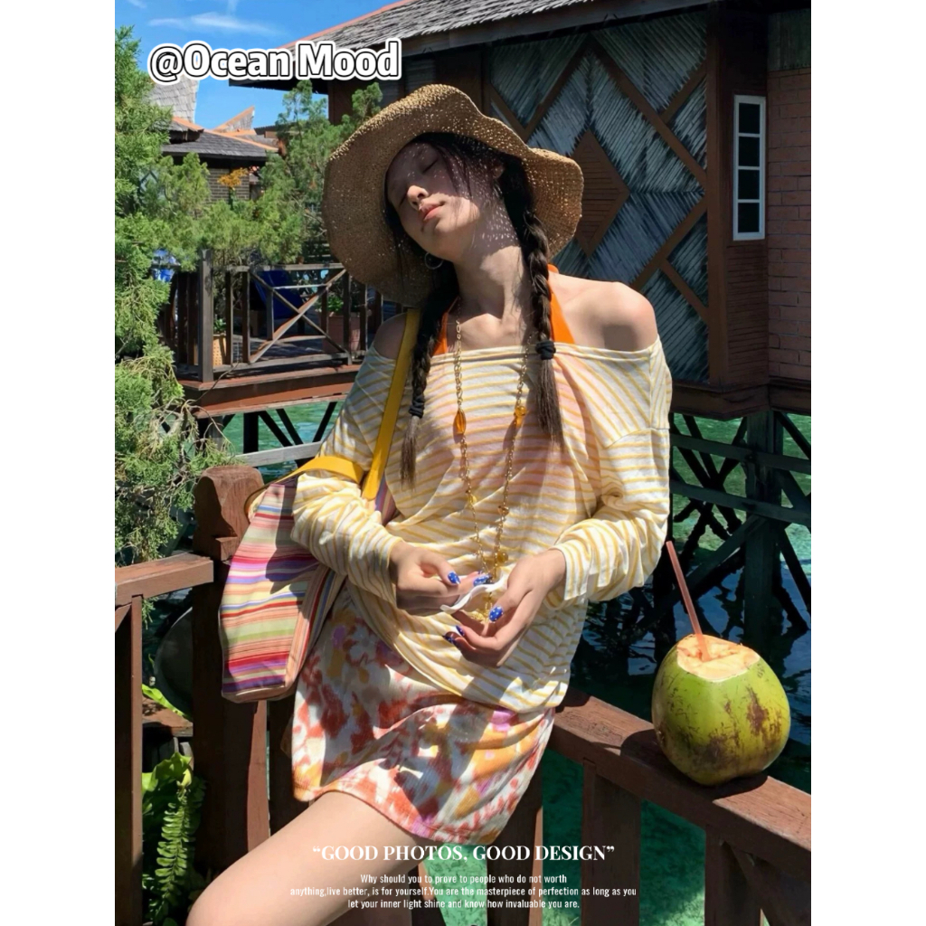 🧡ชุดไปทะเล 3 ชิ้น เสื้อคลุมซีทรู+กระโปรงสั้น ลายดอกไม้ สไตล์บาหลี ใส่เที่ยวทะเล Beachwear|Ocean Mood