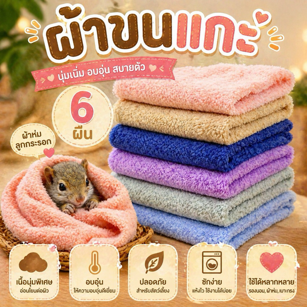 ผ้าขนแกะ 6 ผืน คละสี สำหรับสัตว์ นอนนุ่ม อุ่นสบาย ขนาด 30*30 cm.