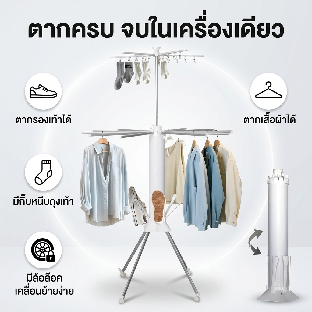 ที่แขวนเสื้อแบบปลาหมึก 3ชั้น หมุน360° มีล้อ เหล็กคาร์บอนกันสนิม พร้อมที่หนีบ 20ตัว มีชั้นวางรองเท้า