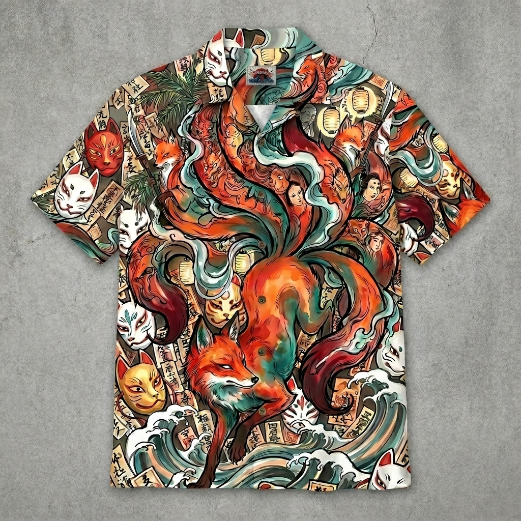 Warpstreet เสื้อฮาวายลาย จิ้งจอก9หาง