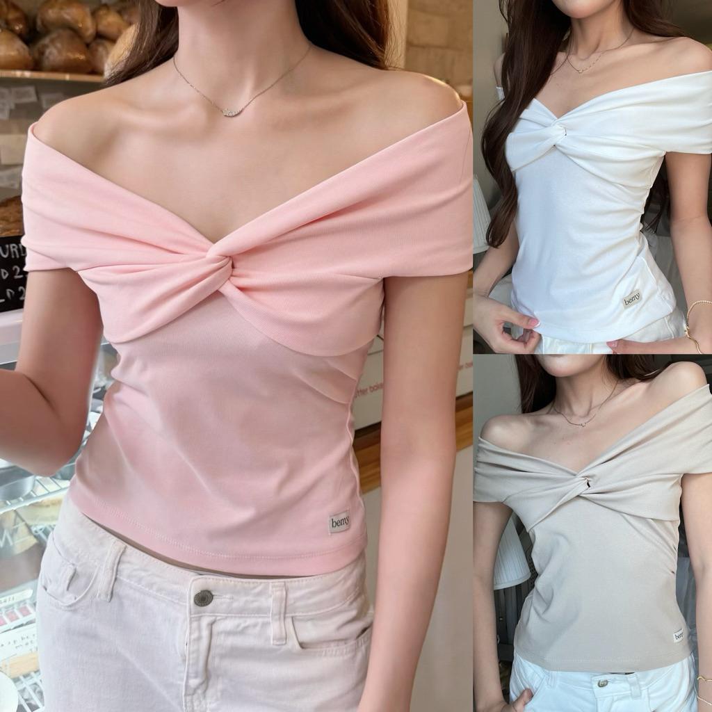 BEMYCHIC เสื้อปาดไหล่แต่งโบว์ รุ่น romance top
