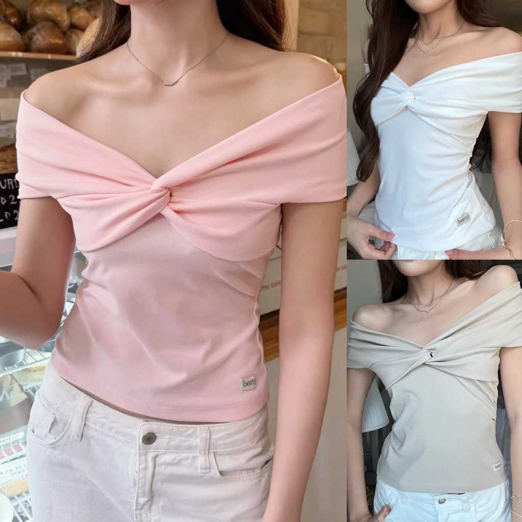 (ไม่ผลิตเพิ่ม)BEMYCHIC เสื้อปาดไหล่แต่งโบว์ รุ่น romance top
