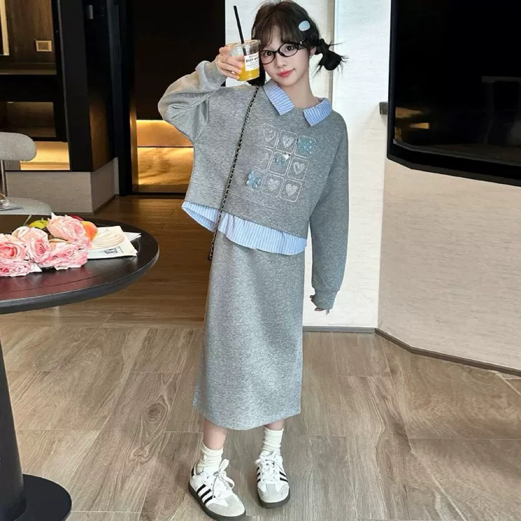 เซท เสื้อ+กระโปรงยาวเกาหลี / P / 590