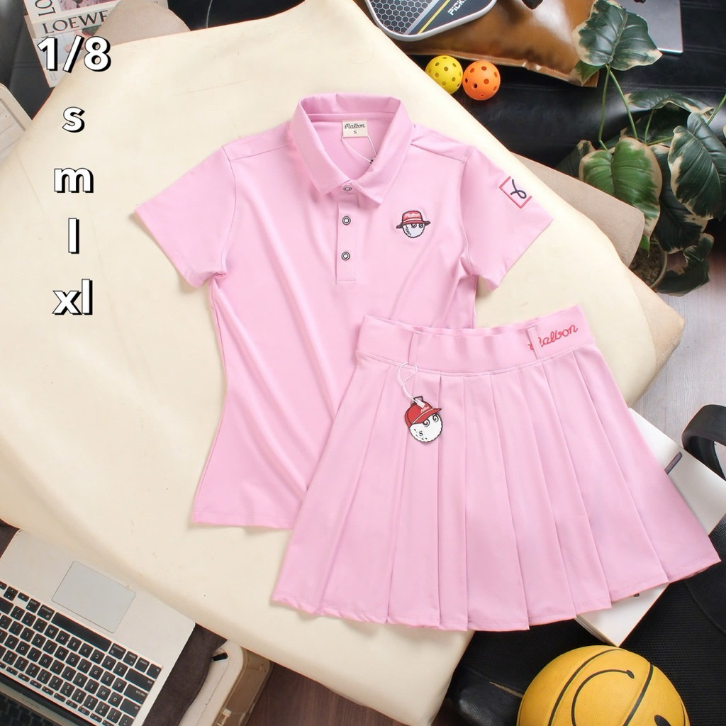 พร้อมส่ง! ชุดตีกอล์ฟผู้หญิง เสือแขนสั้น กระโปรงมีซับในขาสั้น ซื้อครั้งเดียวได้ทั้งชุด (เสื้อ+กระโปรง)