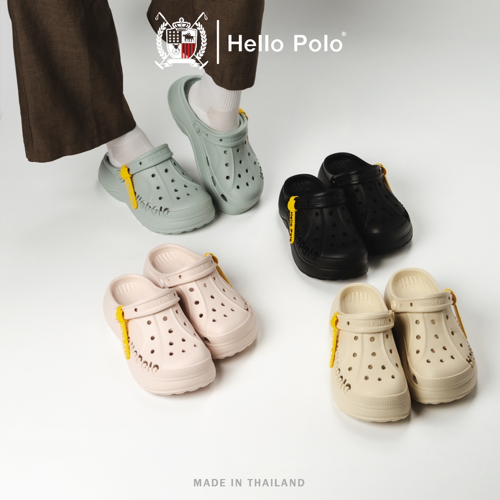 Hello Polo รองเท้าหัวโตส้นตึก HP8067 รองเท้าแบบสวม ดีไซน์เก๋พร้อมแถบสีเหลืองสุดชิค เมดอินไทยแลนด์