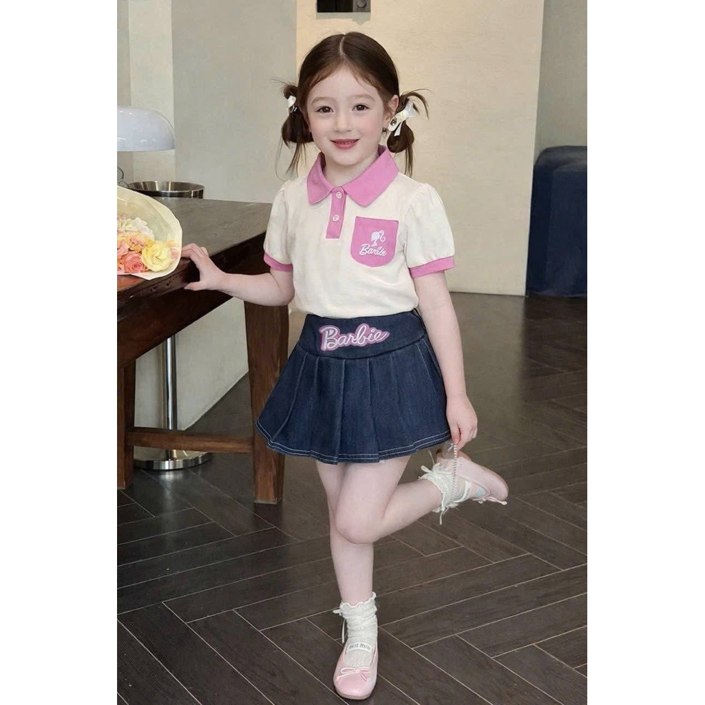 ดูก่อนจริงรูปสุดท้ายก่อนกดสั่ง ชุดเซ็ต barbie ลูกสาวกระโปรงยีนส์ น่ารักกมากก