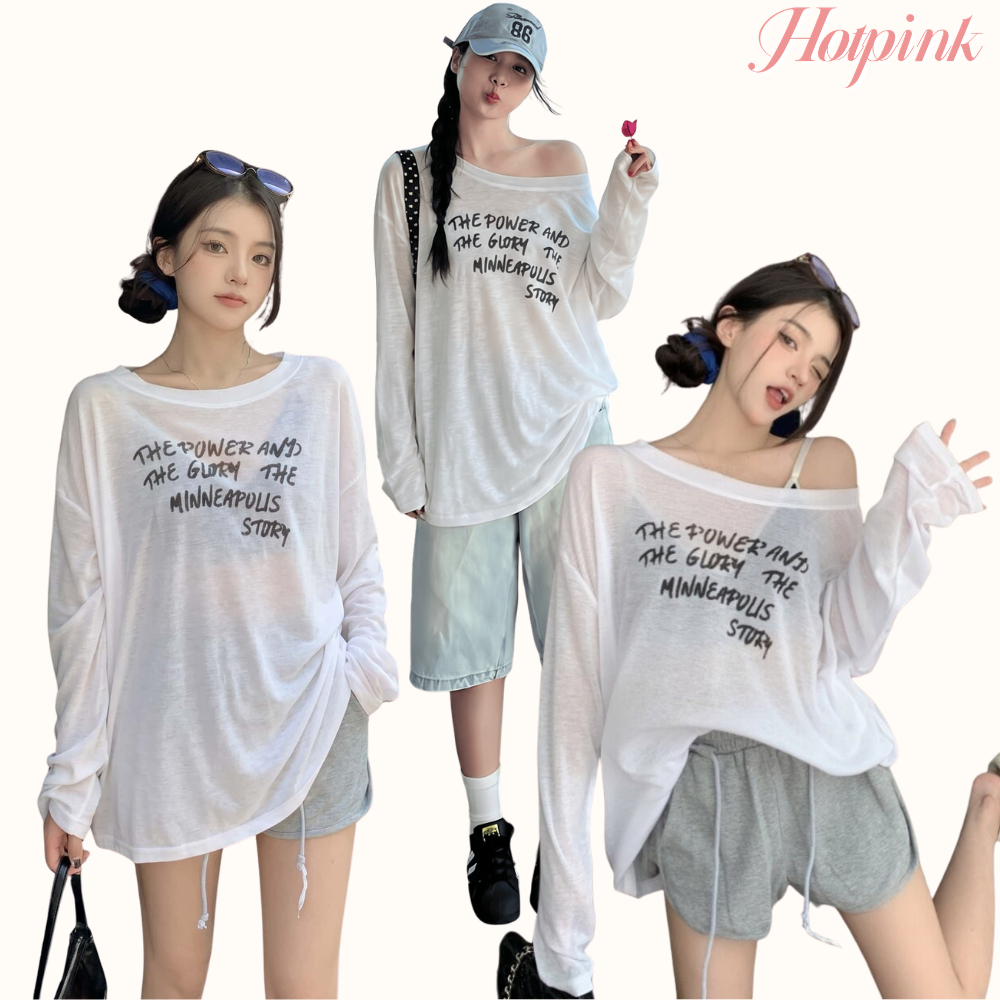 Hotpink ส่งจาก Bangkok เสื้อยืดแขนยาวพิมพ์ลายตัวอักษรสุดน่ารักสำหรับผู้หญิง กันแดด เหมาะสำหรับฤดูใบไม้ผลิและฤดูร้อน ทรง