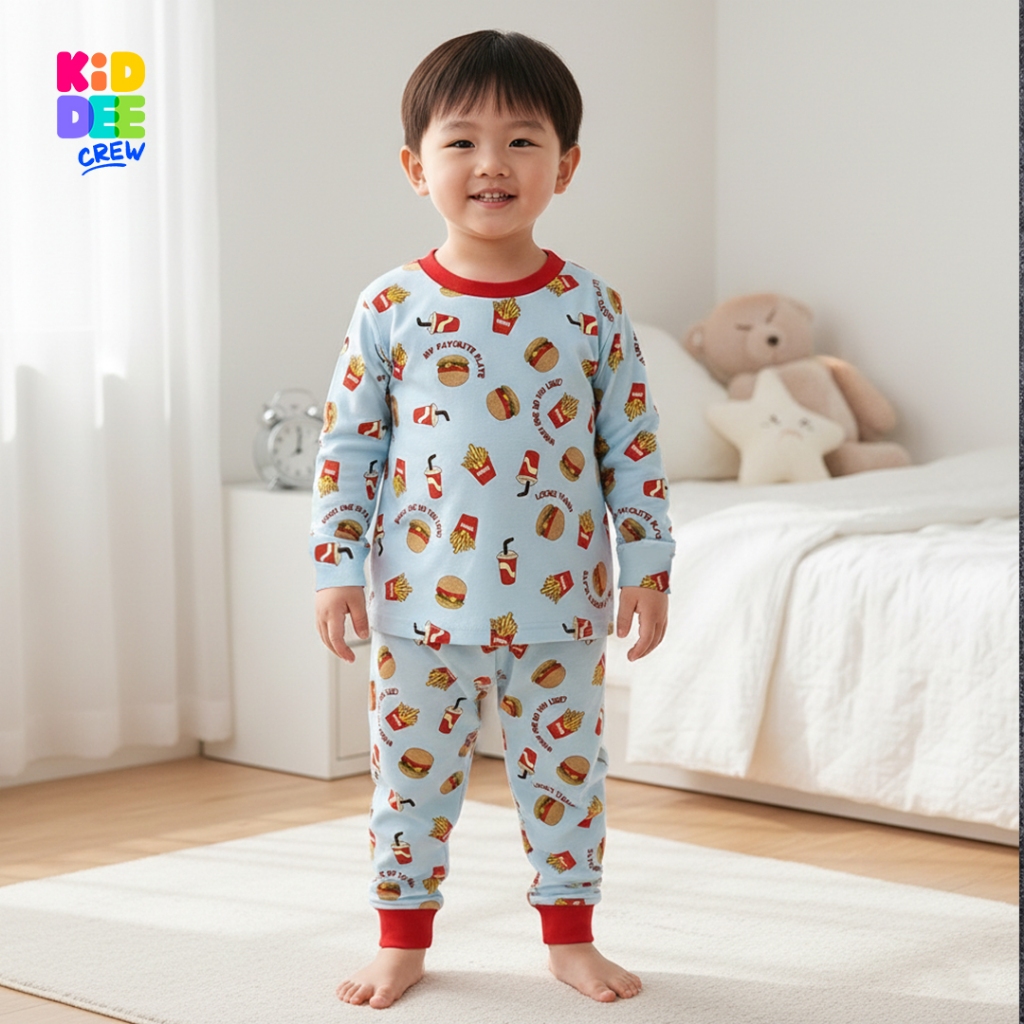 KiddeeCrew ชุดนอนเด็ก ฟ้าลายเบอเกอร์ กุ้นคอแดง ผ้าcotton 100% เหมาะสำหรับอายุ 1-12 ปี