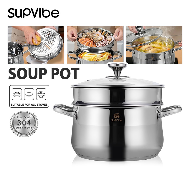 SUPVIBEหม้อนึ่งสแตนเลส 304 หม้อสแตนเลส หม้อนึ่งสแตนเลส ใช้ได้กับเตาแม่เหล็กไฟฟ้า งสแตนเลส ทำความร้อน