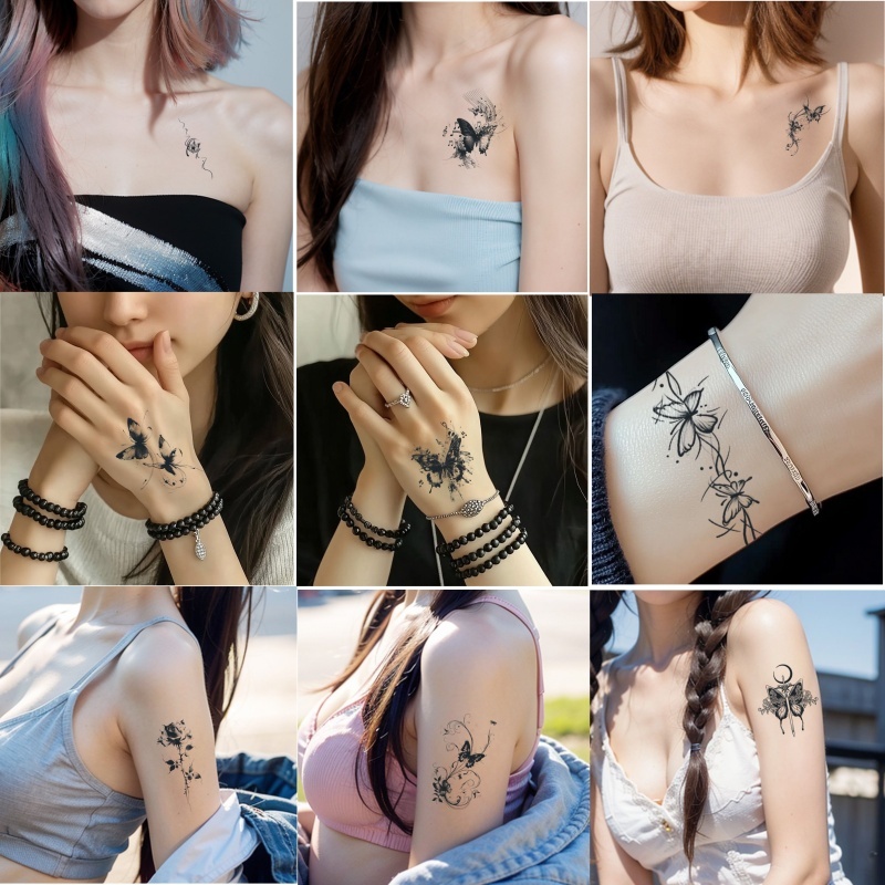 สติกเกอร์รอยสักชั่วคราวจากสมุนไพร ดีไซน์สวยงาม กันน้ำ ติดทนนานถึง 15 วัน มีหลายแบบให้เลือก เหมาะสำหรับทุกบริเวณ