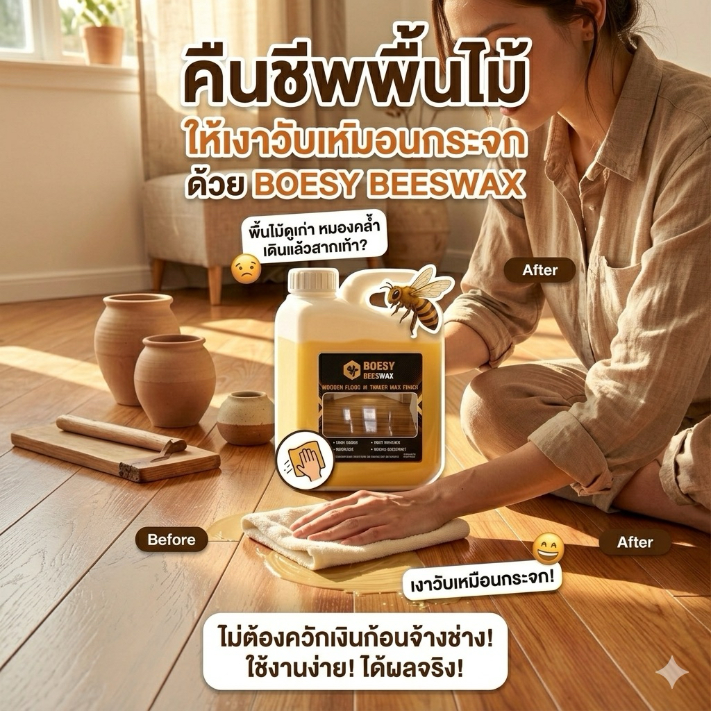 ขี้ผึ้งเคลือบเงาไม้ ขี้ผึ้งทาไม้  Beewax แบรนด์ Boesy ทําความสะอาดเคลือบเงา ชุบชีวิตเฟอร์นิเจอร์ไม้  และทุกพื้น 1 ลิตร..