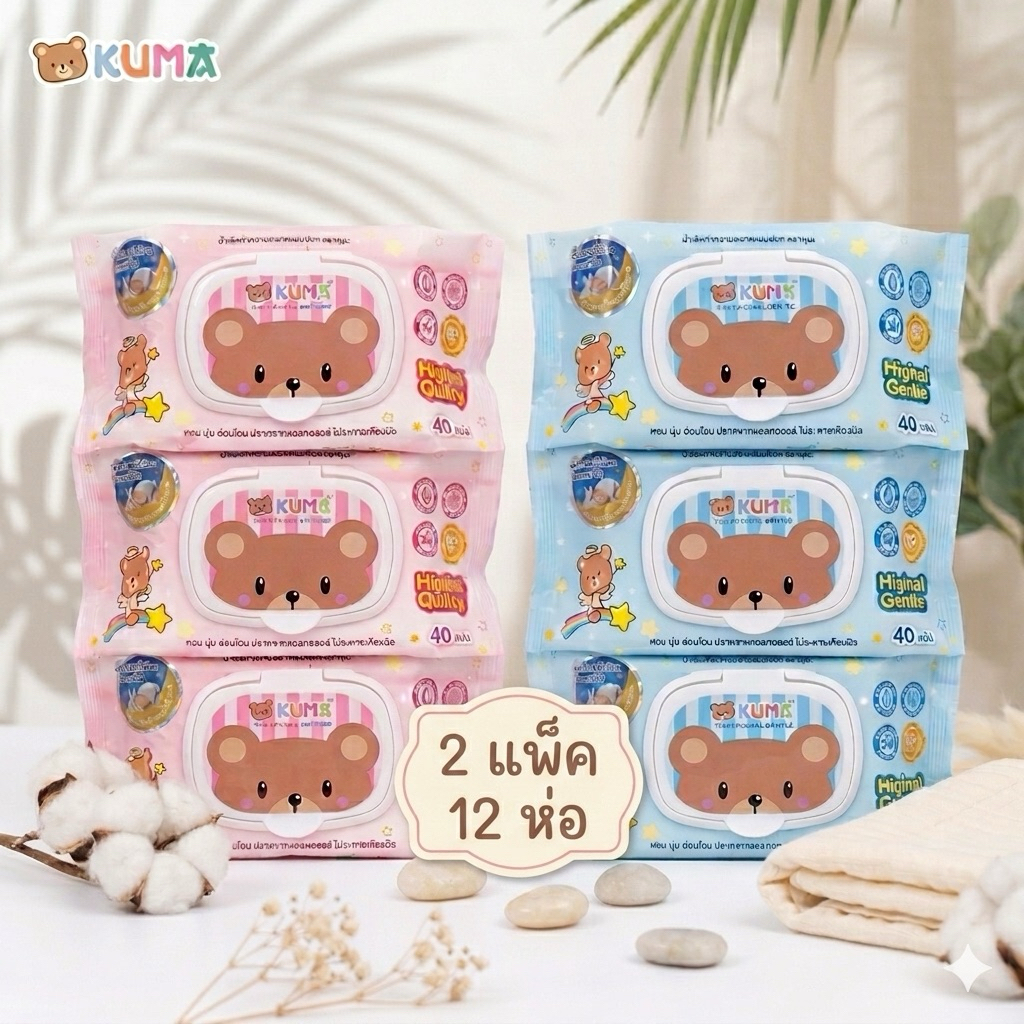 [New!] 2 แพ็ก KUMA ทิชชูเปียกเด็ก 40แผ่น (แพ็ก 6ห่อ) สูตรน้ำบริสุทธิ์ ไร้แอลกอฮอล์ ของแท้ลอตใหม่ ส่งไวมาก