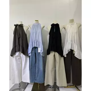 M2122 New Arrival! เสื้อสายคล้องคอผูกโบว์หลัง ชายระบายพริ้วสวย สไตล์มินิมอลเกาหลี
