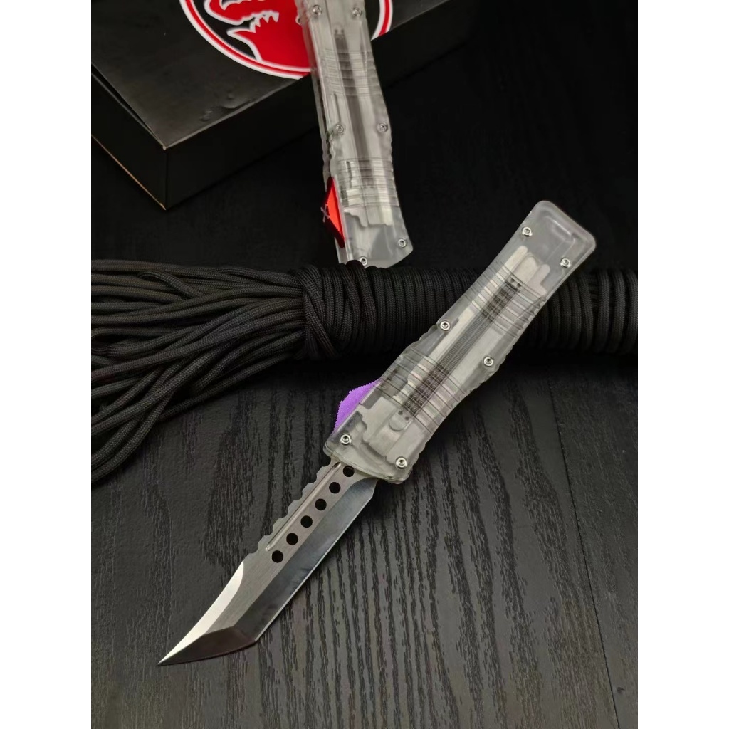 Microtech-Dalong (การสำรวจความโปร่งใส) วัสดุขอบคม: 440C ความแข็ง: 59HRC วัสดุก้าน: เรซิน