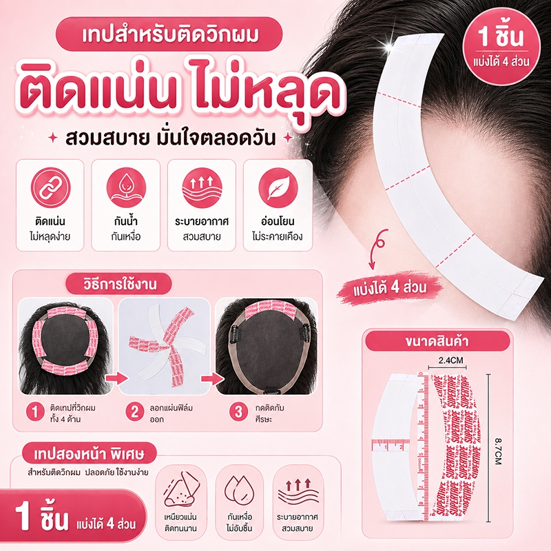 เทปกาวติดวิกผม ซูเปอร์เทปกาวสำหรับวิกผม ติดแน่น แบ่งได้ 4 ส่วน (แพ็ค 10 ชิ้น)