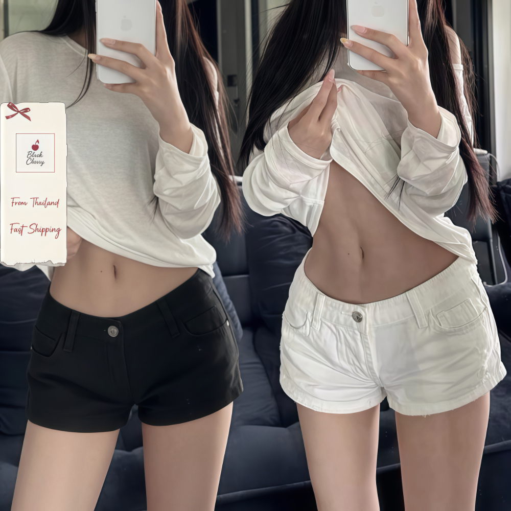 🤍🖤กางเกงขาสั้นงสีทึบ เซ็กซี่ สะโพกยก ยืดหยุ่น สลิมฟิตสลิมมิ่งผ้ายีนส์กางเกงร้อ | Black Cherry