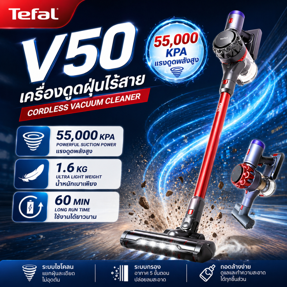 เครื่องดูดฝุ่นไร้สาย Hyper V50 | เครื่องดูดฝุ่นทรงพลัง | มาพร้อมหัวดูดแบบถอดเปลี่ยนได้หลายแบบ
