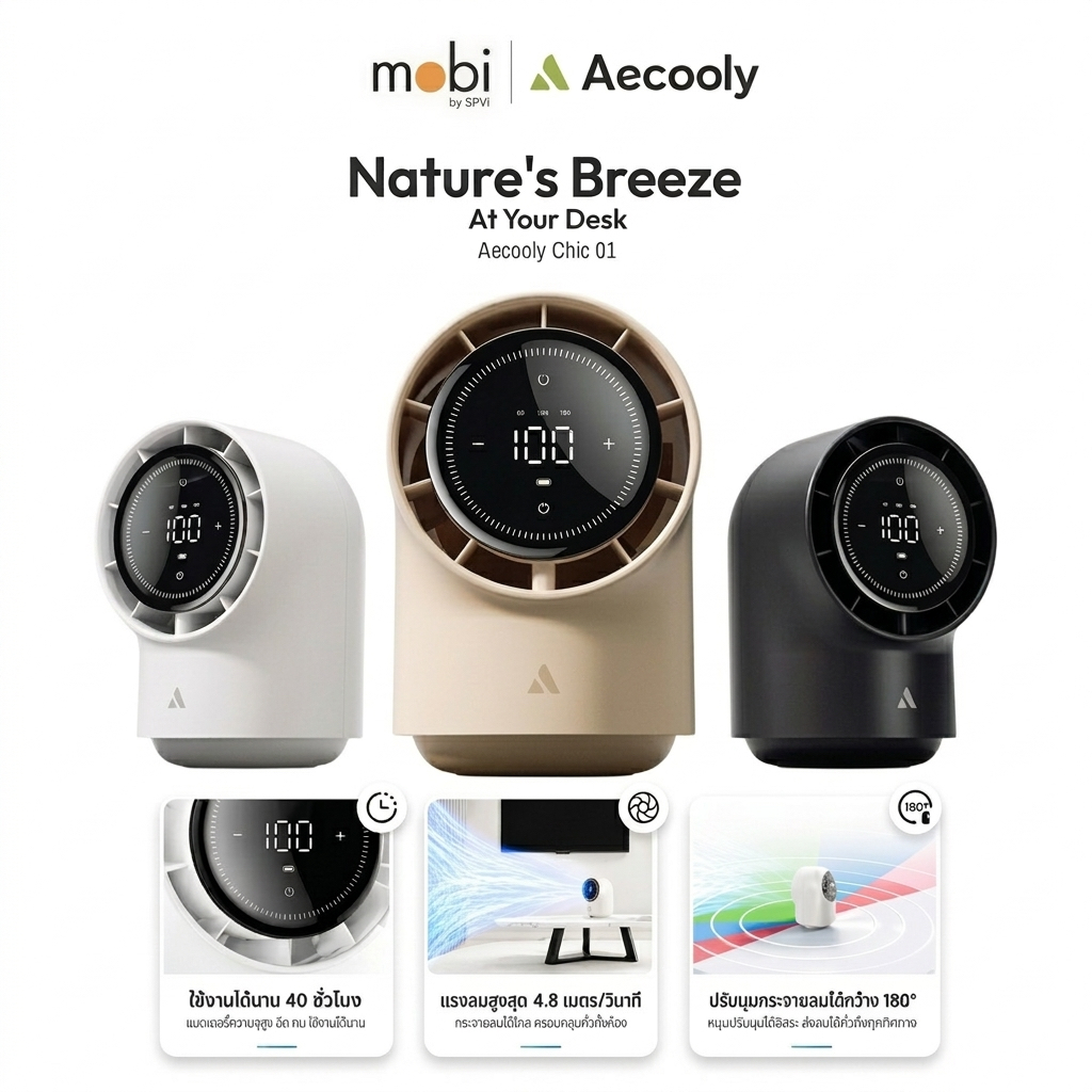 Aecooly รุ่น Chic 01 พัดลมตั้งโต๊ะ หมุนได้ 8000mAh ลมแรง พกพาสะดวก ใช้งานง่าย