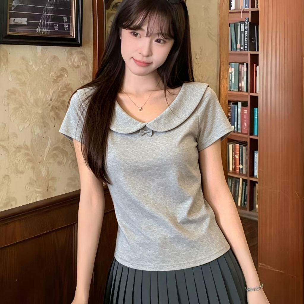เสื้อแขนสั้นสไตล์เกาหลีใหม่ ดีไซน์ปกคอและโบว์ผูกคอ มีให้เลือก 4 สี เสื้อผู้หญิง ขนาด M-3XL ราคาถูก Shopee Lazada
