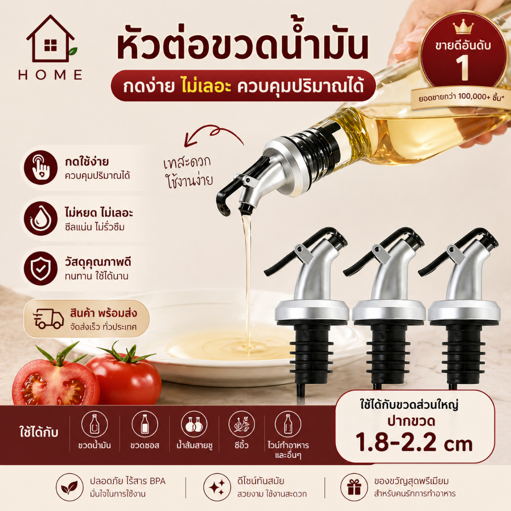 Home007 หัวต่อขวดน้ำมัน จุกต่อขวดน้ำมัน น้ำส้มสายชู น้ำมันมะกอก เทสะดวก ใช้งานง่าย ไม่รั่วซึม หัวรินน้ำมัน