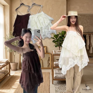 Lumière Lace : สายเดี่ยวระบาย ชั้นใหญ่ แต่งลูกไม้ มีซับใน ด้านหลังสานๆ ร้อยเชือก ปรับสายสั้นยาว งานเกรดนำเข้า