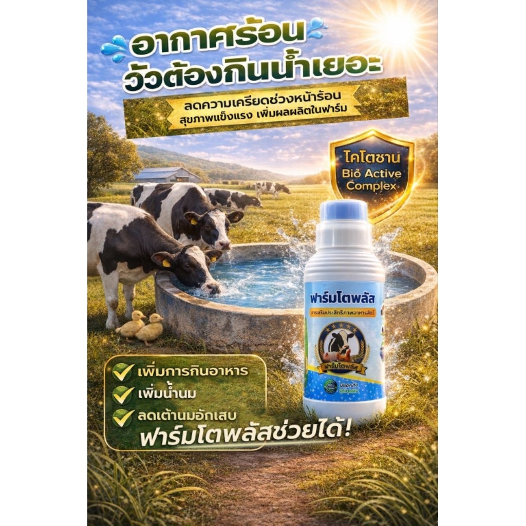 ฟาร์มโตพลัส สารเสริมในสัตว์ สำหรับหน้าร้อน ลดเครียด เพิ่มน้ำนม บำรุงสัตว์เลี้ยง Bio Active Complex