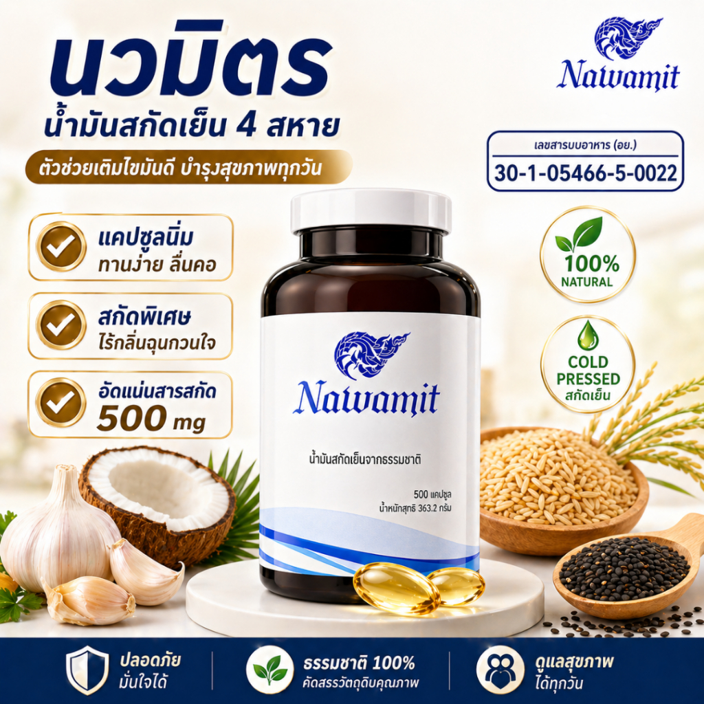 Nawamit นวมิตร น้ำมัน 4 สหายสกัดเย็น แหล่งรวมโอเมก้า 3 อาหารเสริมผู้สูงอายุ บำรุงสุขภาพ 500 แคปซูล