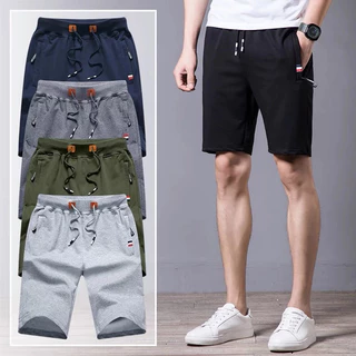 กางเกงขาสั้นผู้ชาย กางเกงขาสั้นเอวยืด หลวม เอวยางยืดเชือกผูก With zipped pockets ระบายอากาศ สบาย