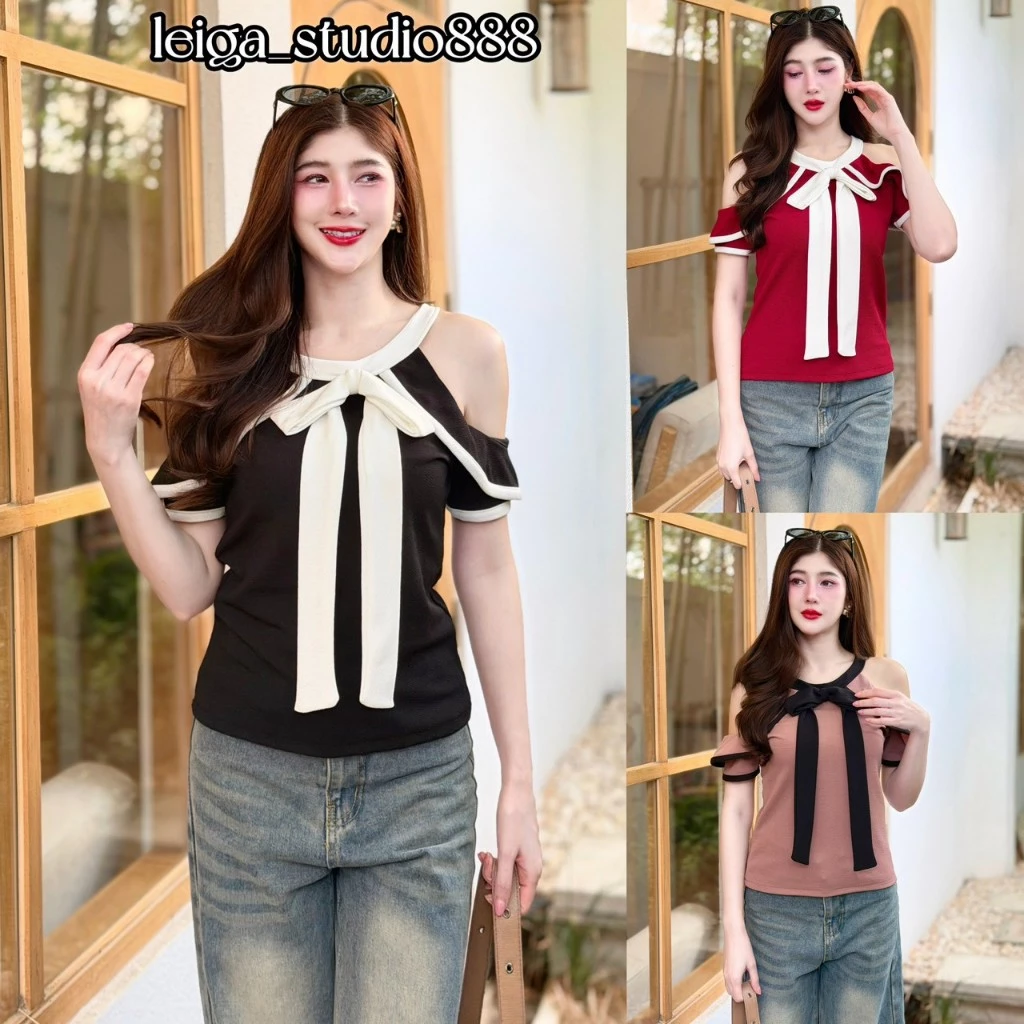 เสื้อแฟชั่น ทรูโทน แขนสั้น ดีเทลปาดไหล่ แต่งโบว์หน้า กระดุมหลัง เรียบหรู ใส่แมท LG145