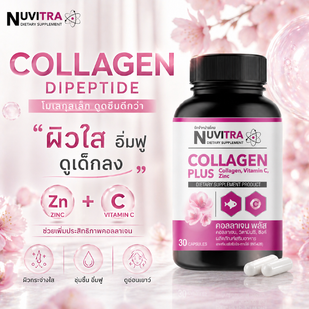 NUVITRA COLLAGEN PLUS ผลิตภัณฑ์เสริมอาหาร คอลลาเจน พลัส 30 แคปซูล ชะลอริ้วรอย