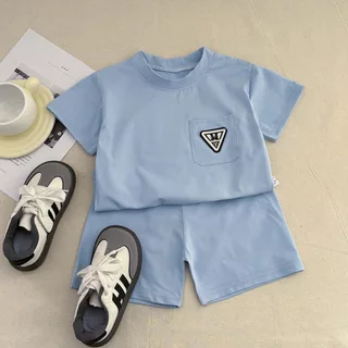 ชุดเสื้อแขนสั้นเด็ก ชุดเซ็ตเด็กแฟชั่น สีพื้น มีกระเป๋า สีสดใส ใส่เที่ยวได้ ไซส์80-130