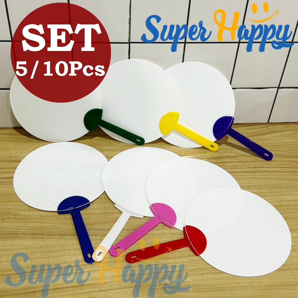 พัดพลาสติก PVC (Set5/10ชิ้น) สำเร็จรูป พัดสีขาว/ด้ามสี | พัดงานสกรีน พัดแจก พัดงานวัด พัดตกแต่ง