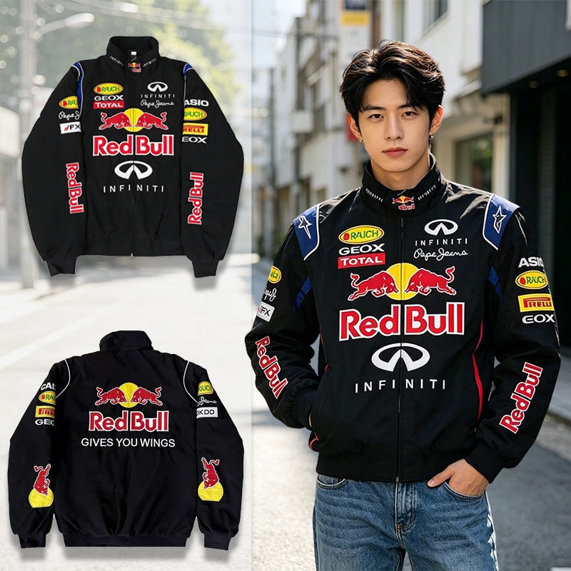【พร้อมส่ง】F1 Red Bull แจ็กเก็ตแข่งรถผู้ชาย ใหม่ สไตล์อเมริกันย้อนยุค งานปักทั้งตัว แขนยาวกันลม ซิปเต็มตัว หลวมสบายๆ