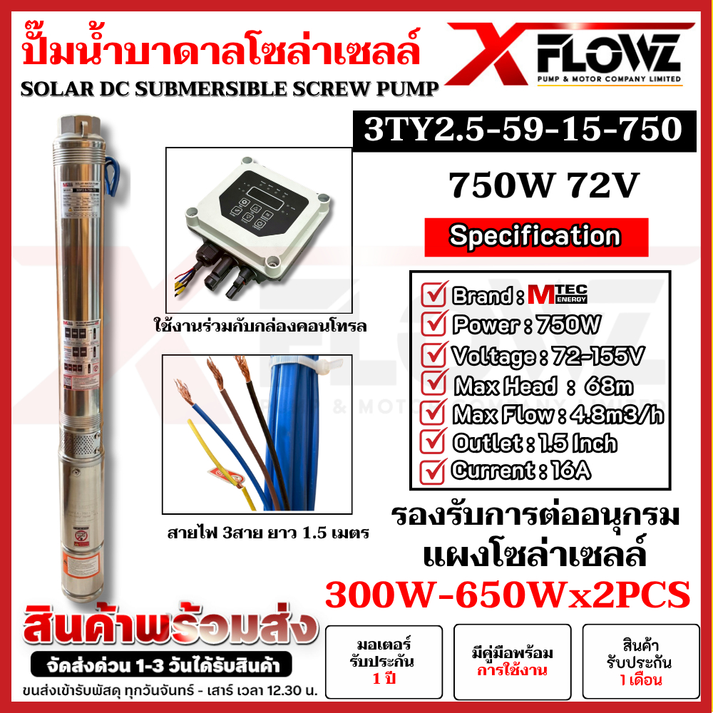 ปั๊มบาดาลโซล่าเซลล์ 3TY2.5-59/15-750W/72Vและ3TY4-30/7-750W/72Vและ4TY2-48/8750-72 (พร้อมกล่องคอนโทรลภายนอก) ท่อ1.5-2นิ้ว