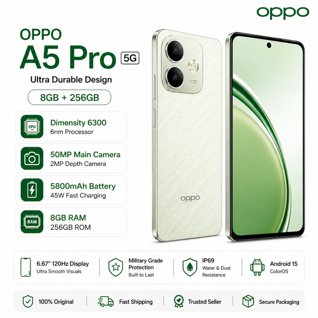 OPPO A5 Pro 5G RAM 8GB ROM 256GB หน้าจอใหญ่ 6.67″ 120Hz แบต 5800mAh กล้อง 50MP กันน้ำ IP68/IP69 มือห