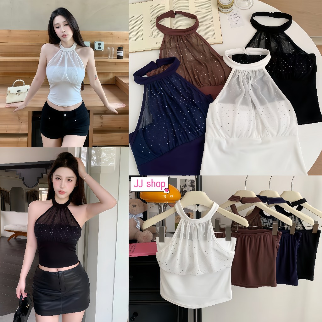 JJ Shop​💜เสื้อสายเดี่ยวผู้หญิงแฟชั่นคล้องคอ แขนกุด เปิดหลัง ลูกไม้ ประดับเพชร กลม คอเรียบ กระชับเข้ารูป ผ้าบาง -FY2950