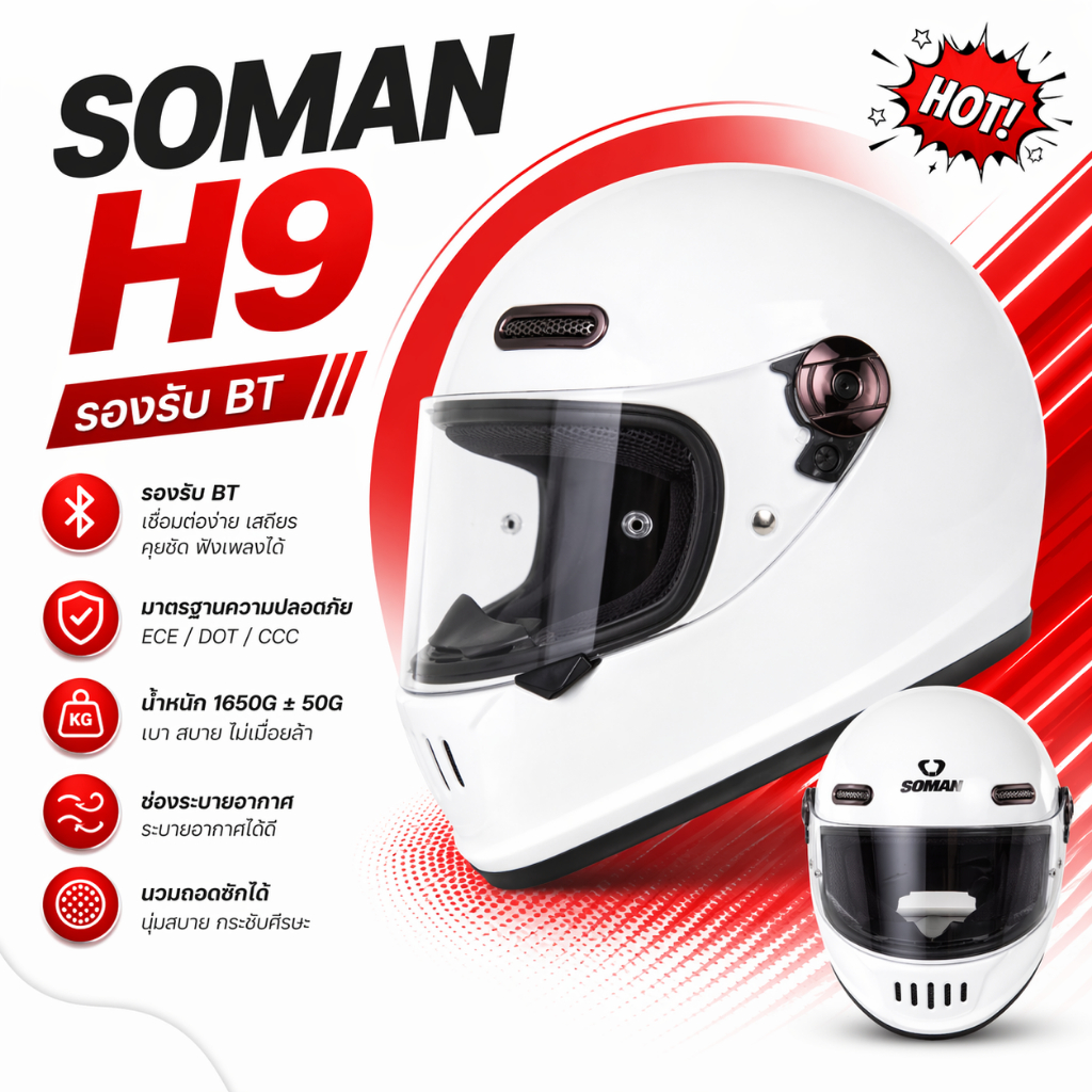 Soman H9 หมวกกันน็อคเต็มใบ สไตล์วินเทจคลาสสิค Retro Style น้ำหนักเบา ดีไซน์เท่ ใส่สบาย