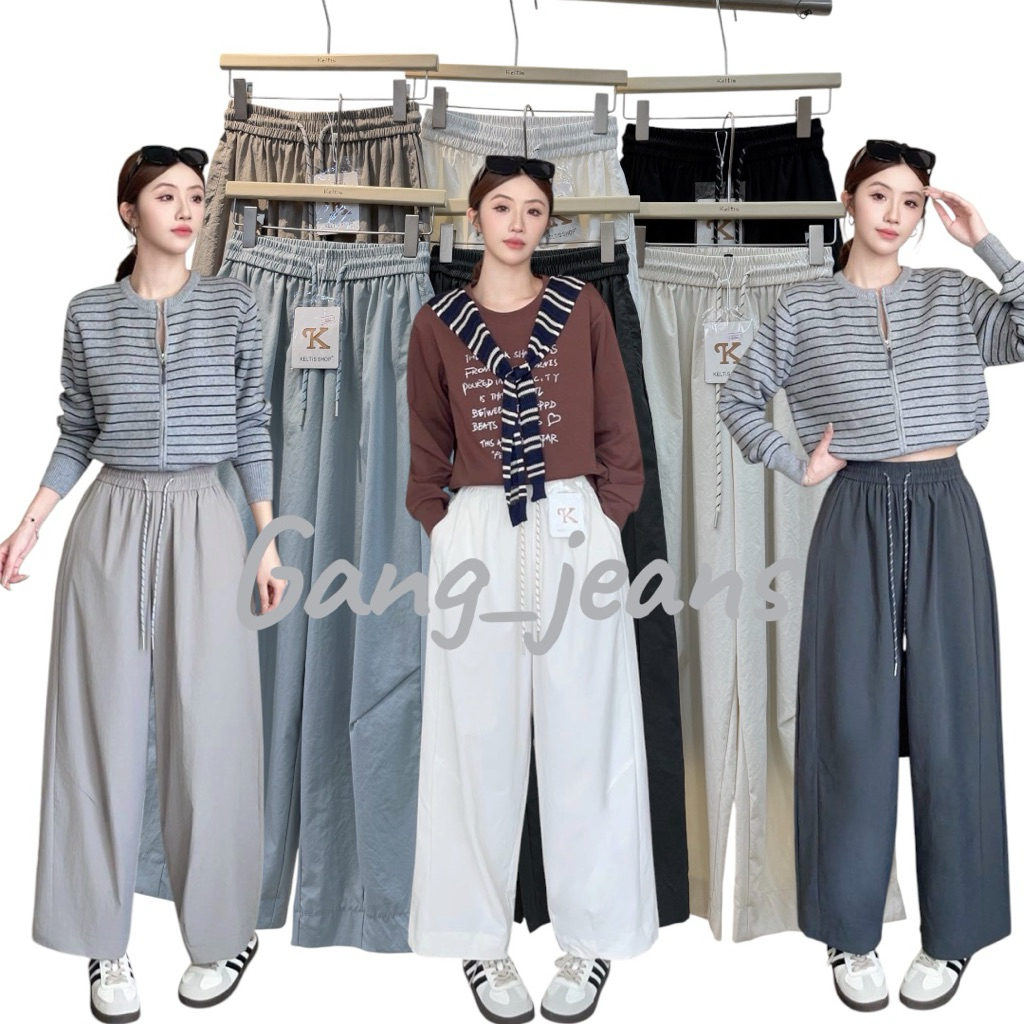 Gang_jeans#9362(K)กางเกงขายาว ผ้าร่ม ทรงกระบอก แต่งเชือกลาย