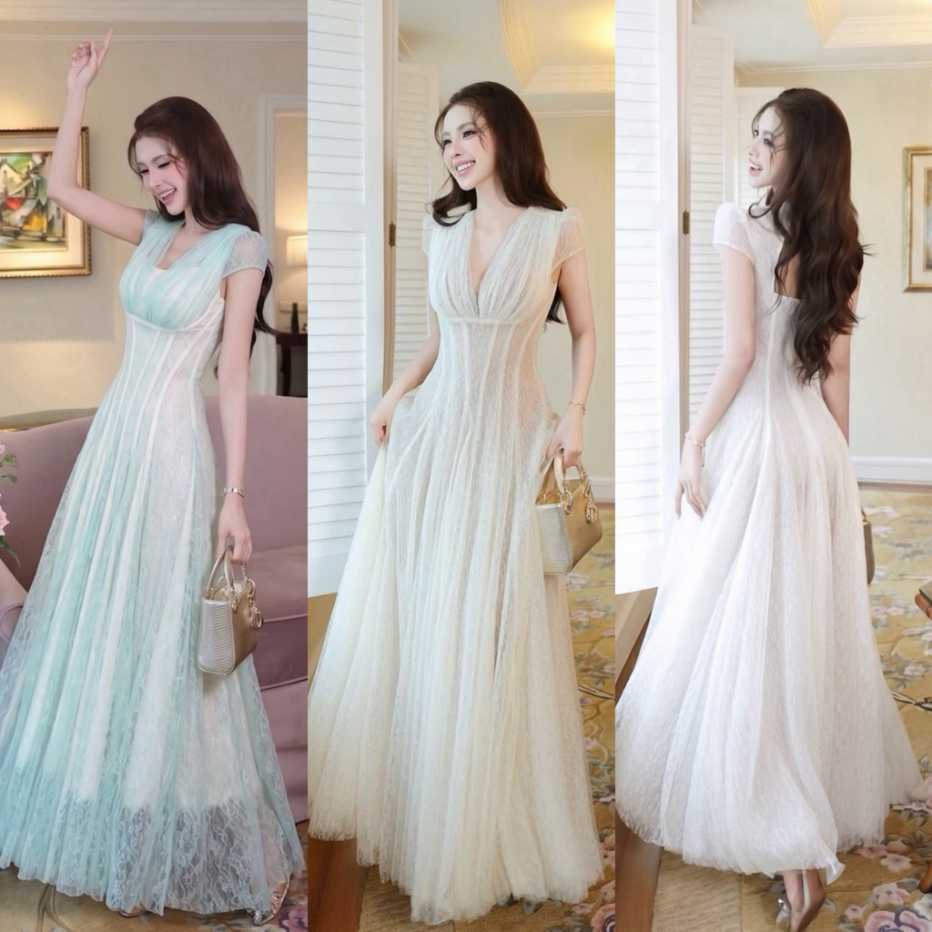 MILA•เดรสยาวโทนละมุน ช่วงคอเป็นคอวีลึก แขนสั้นแต่งผ้าลูกไม้ซีทรู