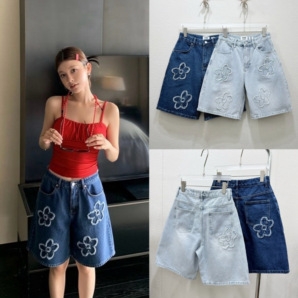 (พร้อมส่ง) Fluffy daisy denim shorts กางเกงยีนส์ขาสั้นทรงกระบอกรุ่น 62032 TAG FSY 🇰🇷