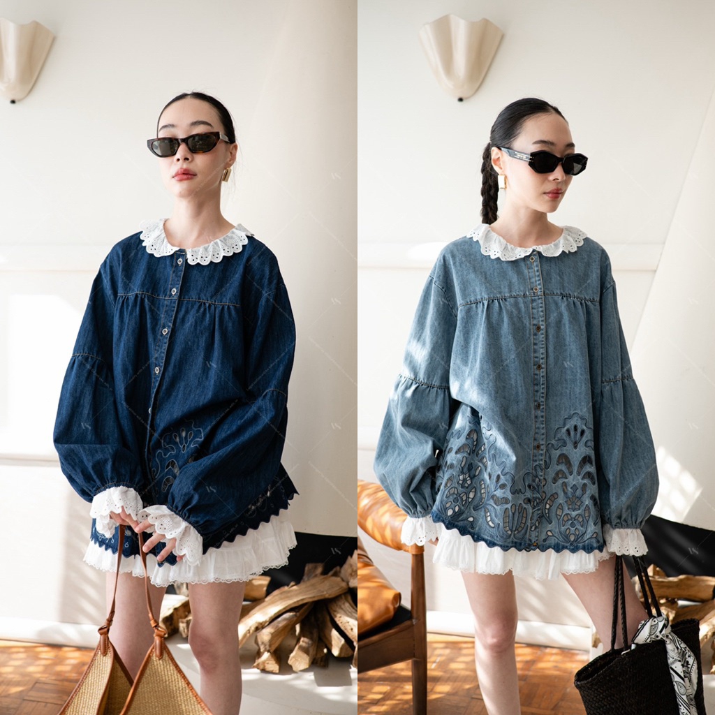 4248 เสื้อเชิ้ตยีนส์ปกลูกไม้ฉลุชาย  Vshop
