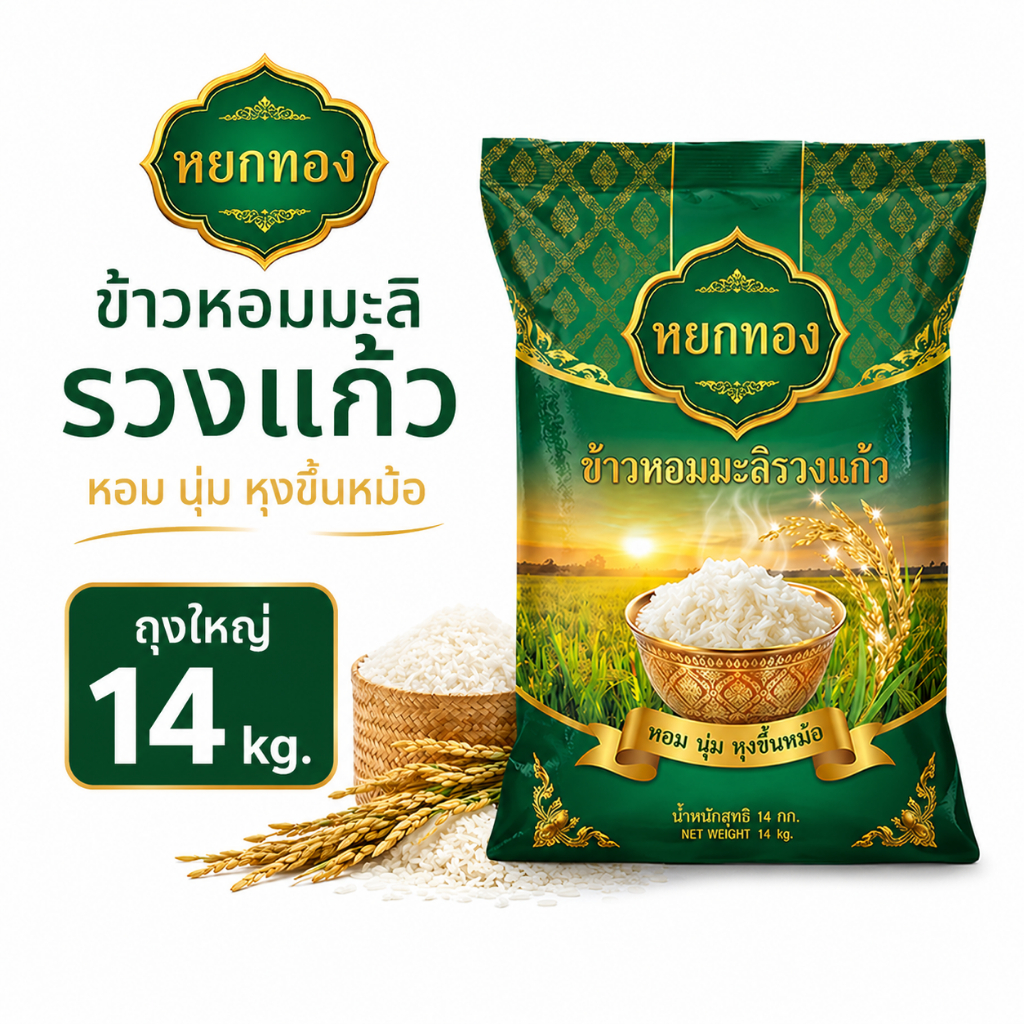 [14 กิโลกรัม] ข้าวหอมมะลิตรา หยกทอง นุ่ม ข้าวจัสมิน ข้าวใหม่ต้นฤดู