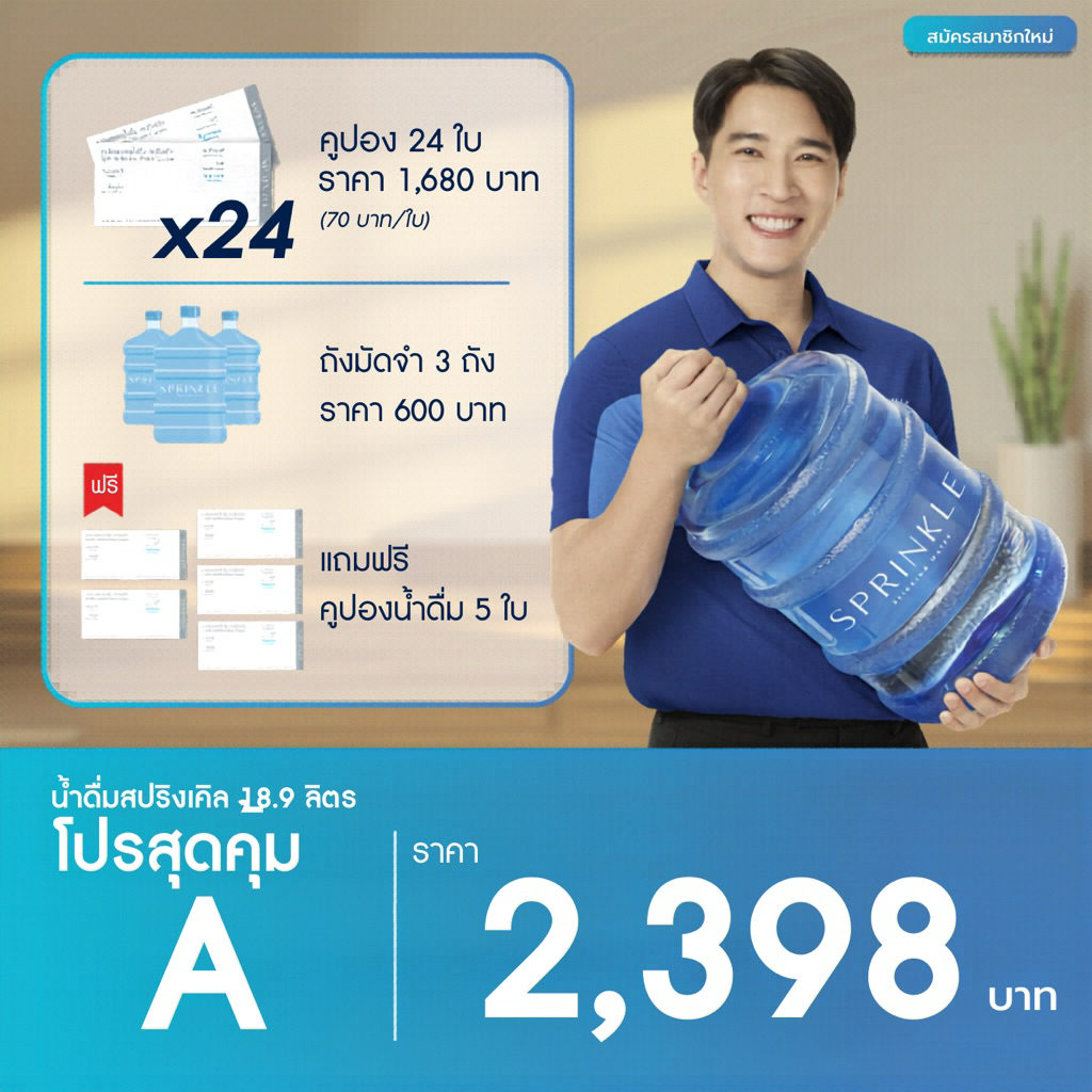 [โปรสุดคุ้ม A]: คูปองแลกน้ำดื่มสปริงเคิล 18.9 ลิตร จำนวน 24 ใบ ฟรีคูปอง 5 ใบ (สำหรับลูกค้าใหม่ที่สมัครครั้งแรก)