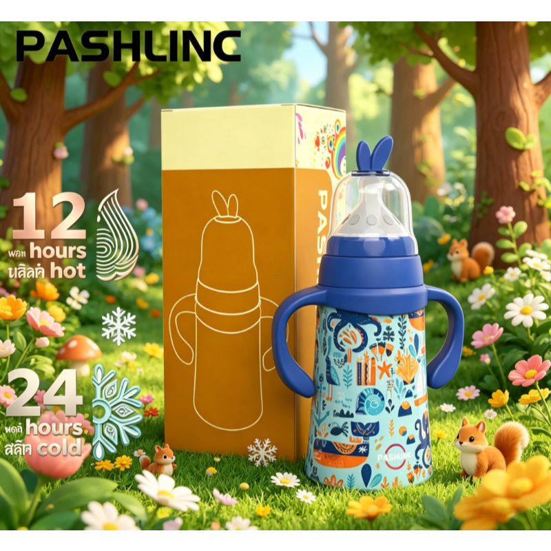 PASHLINC ขวดน้ำเด็กสแตนเลส 316 หน้าเดียว 2 หัวกิน กันรั่ว กันสำลัก มีหูจับและสายสะพาย สีม่วงดาวเคราะห์ น่ารัก ใช้ได้ทั้ง