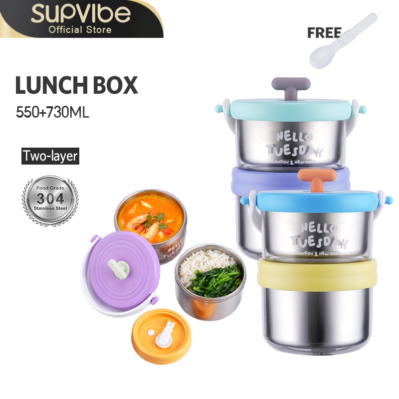 SUPVIBE กล่องข้าวสเตนเลส รักษาฉนวนกันความร้อน 304 เข้าไมโครเวฟได้ มัลติฟังก์ชั่น ถอดกล่องข้าวสเตนเลสเป็นกล่องเก็บของใส