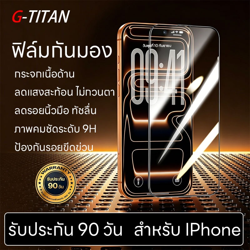 ฟิล์มกระจกกันรอย Privacy แบบด้าน (Anti-Fingerprint) สำหรับ iPhone 17 Pro Max / 16 / 15 / 14 / 13 Plus | ความแข็ง 9H กันฝ