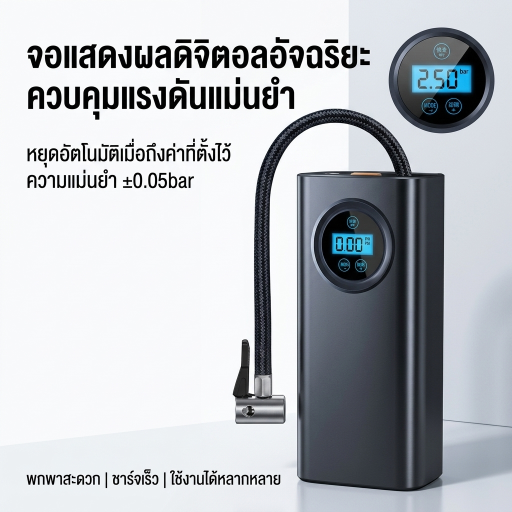 ปั้มลมพกพา ปั้มลมไฟฟ้า ที่สูบลมจักรยาน ที่เติมลม USB จอLED เครื่องเติมลมอัต การวัดแรงด ชาร์จไฟได้ รูปที่ 5