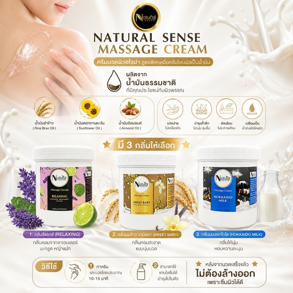 ครีมนวดตัวอโรม่า บำรุงผิว เกรดพรีเมี่ยม ผลิตภัณฑ์สปาชั้นนำ Natural Sense Massage Cream (500g/1000g)
