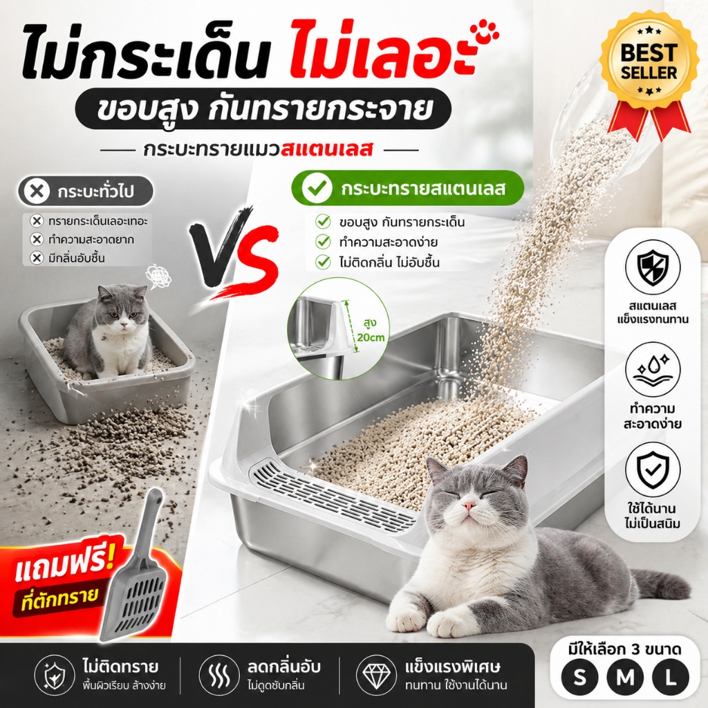 【Pet Record】กระบะทรายแมวสแตนเลส ไม่เป็นสนิม ล้างง่าย ไม่ติดกลิ่น แถมฟรีที่ตักทราย มีหลายขนาด S/M/L