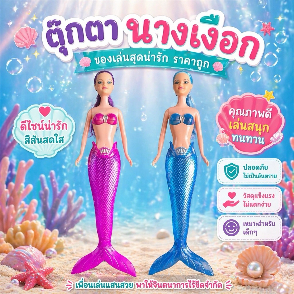 พร้อมส่ง！ ตุ๊กตานางเงือก: ของเล่นราคาถูก มีสองสี ชมพู ฟ้า
